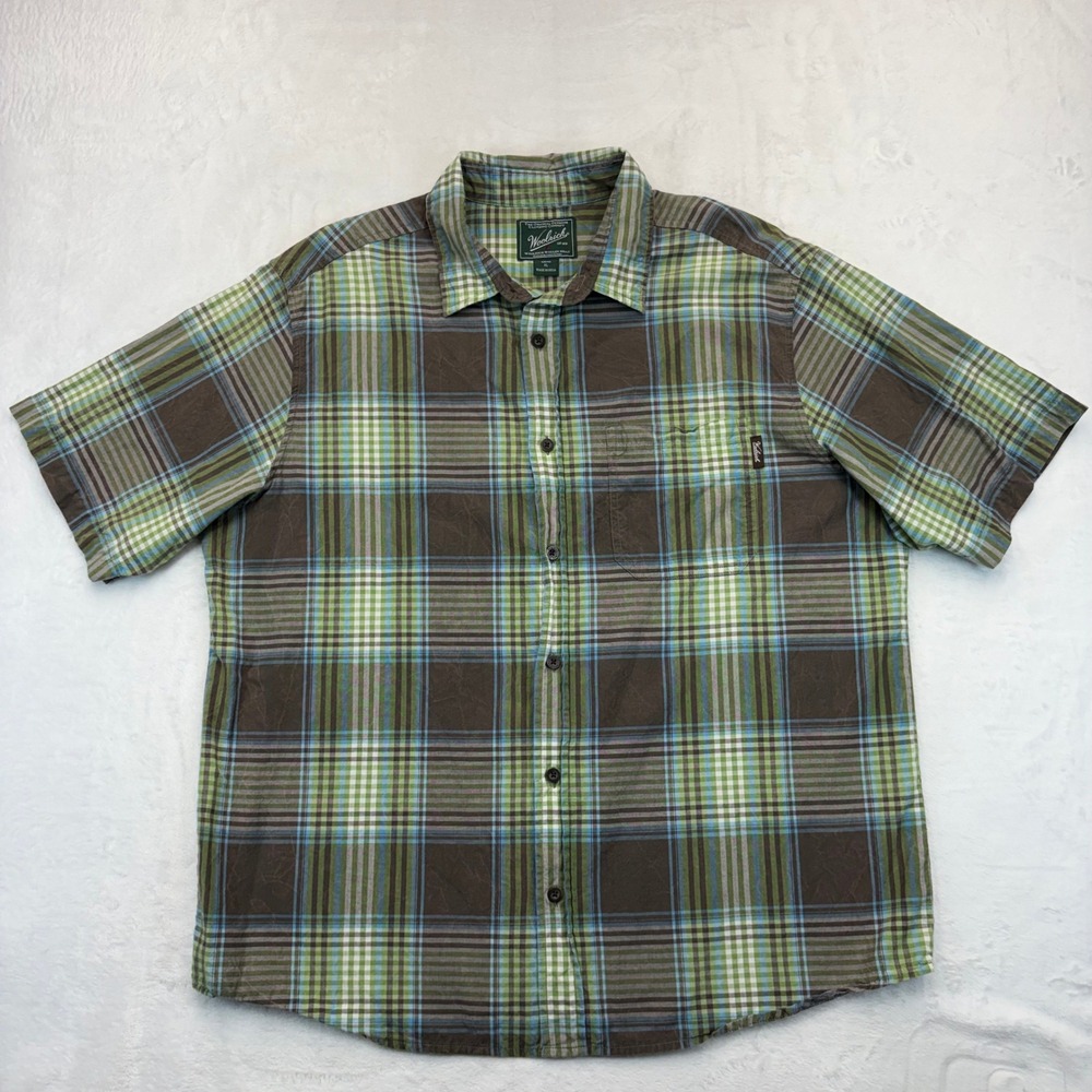 Woolrich Mens XL Plaid Short Sleeve Button Down Shirt Brown Green 6245 WAS